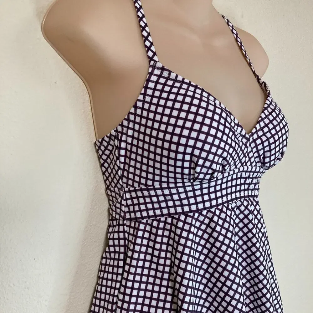 Kona Sol Swim Bathing Suit Top Size XS 0-2 Burgandy White Check